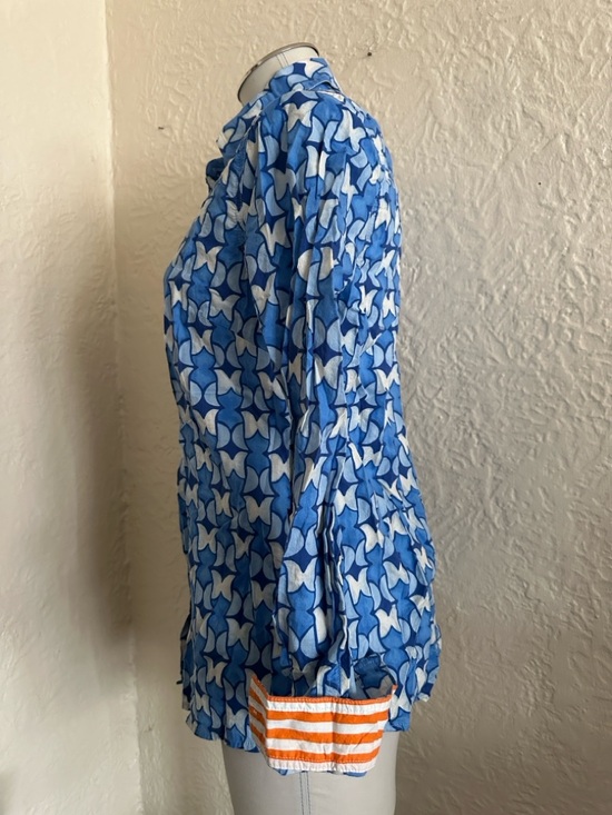 J. McLaughlin Blue White Patterned Contrasting Orange Stripe Cuffs Shirt Small - Picture 3 of 8